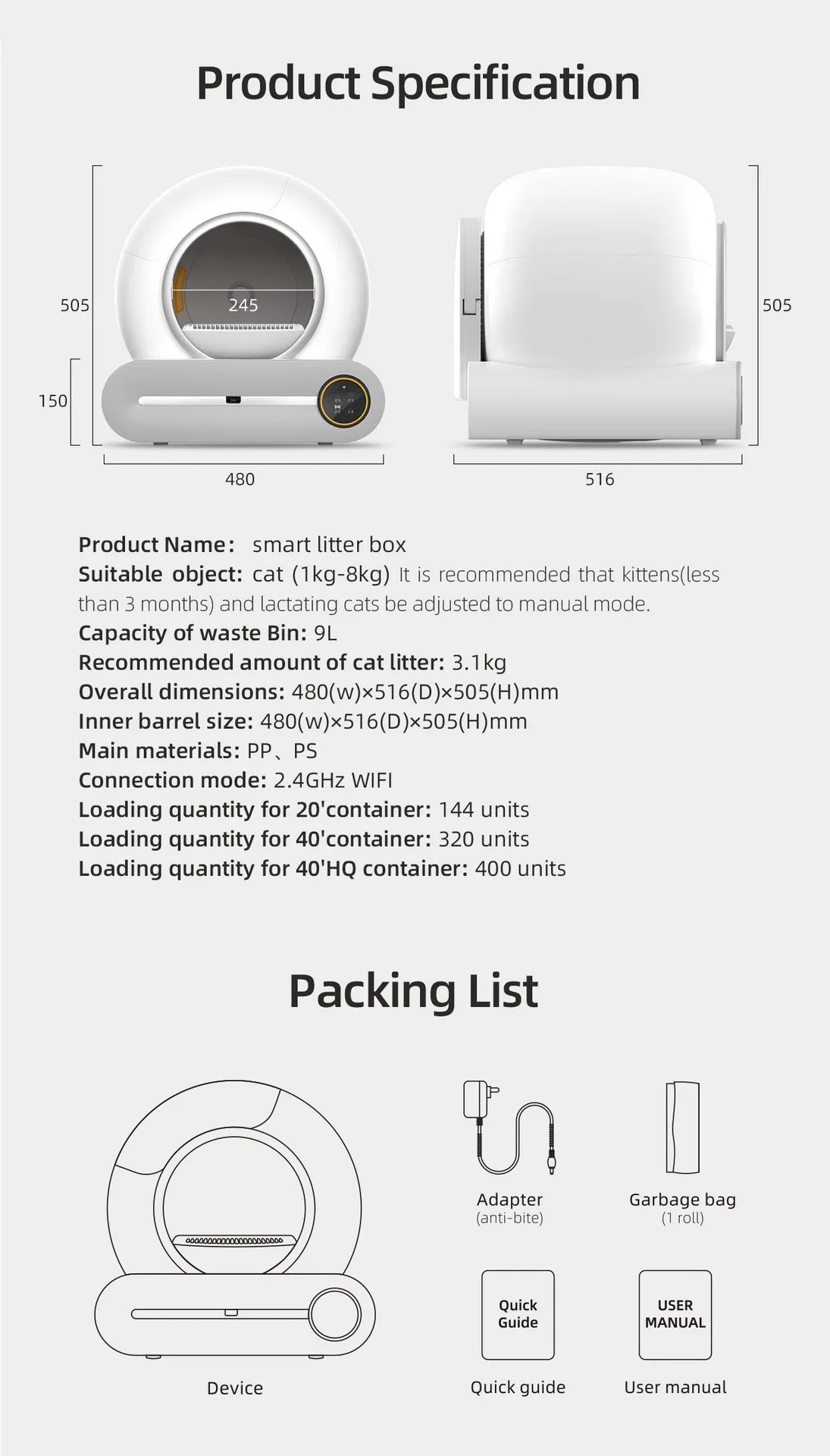 Intelligent self-cleaning cat litter box, automatic cleaning cat toilet, APP controlled Lonic deodorizer, cat litter tray