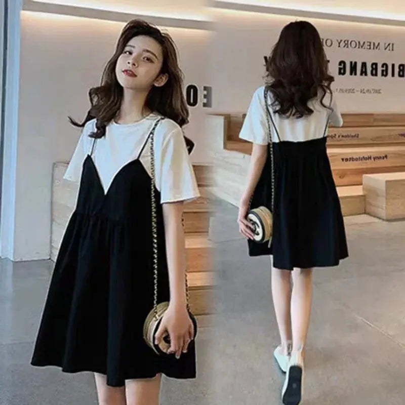 Summer Maternity New Fashion Casual Dresses Summer Mid-Length Maternity Tops Loose False Two-Piece Short-Sleeved Halter Dresses Nova Trendz