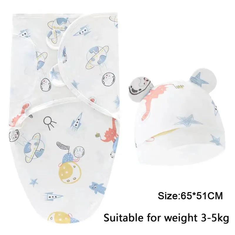 Baby Blanket Hat Set Cartoon Printed Cotton Newborn Swaddle Adjustable Infant Sleeping Swaddle Wraps All Seasons 0-6 Months - Nova Trendz