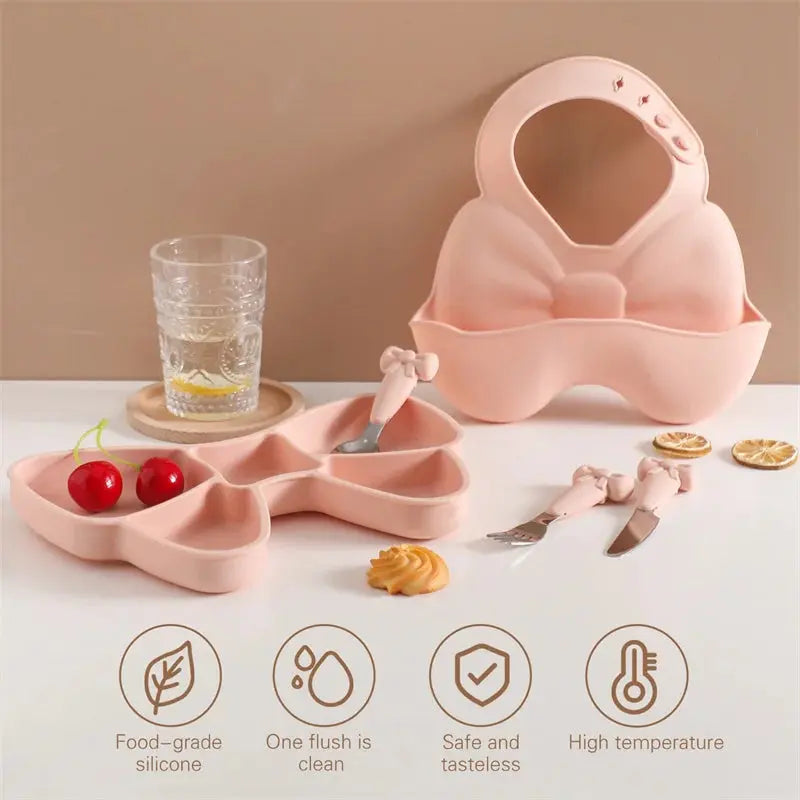 Baby Tableware Set BPA Free Silicone Bow Dish Tie Bowl Fork Food Plate Stainless Spoon Non-slip Tableware Newborn Feeding Tool Nova Trendz