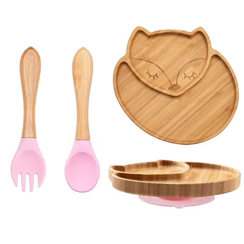 3Pcs Baby Bamboo Plate Silicone Suction Kids Wooden Feeding Tableware Non-slip Dinnerware Baby Tableware for Baby Birthday Gift Nova Trendz