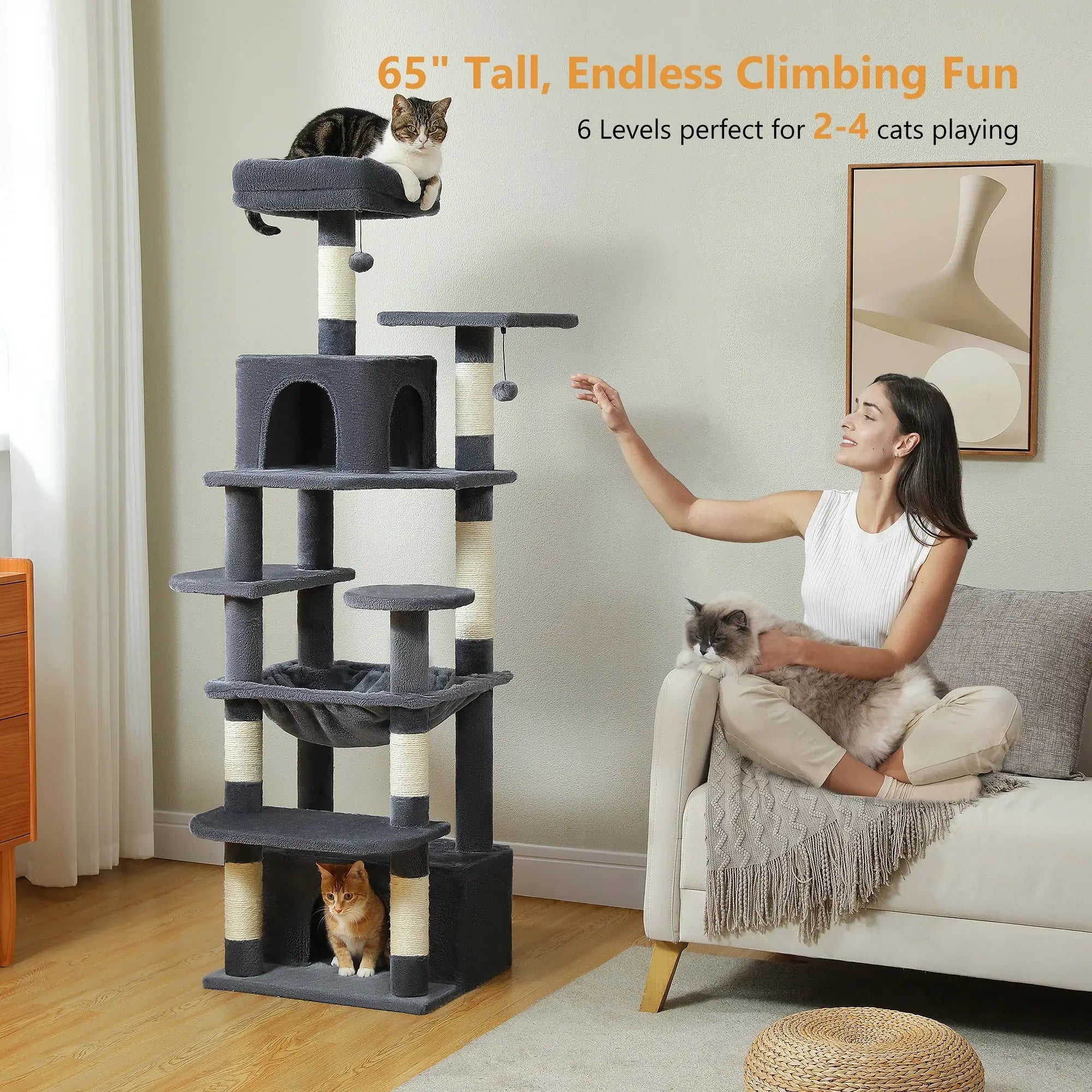 184cm Large Cat Tree and Tower for Indoor Cats With Sisal-Covered Scratching Posts Spacious Hammock Padded Perches and Condos Nova Trendz