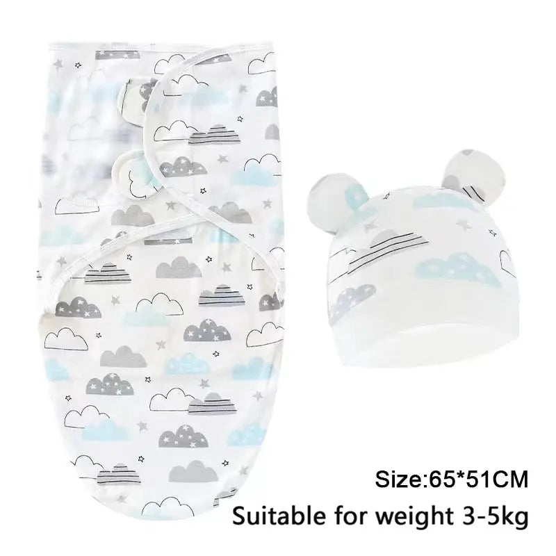 Baby Blanket Hat Set Cartoon Printed Cotton Newborn Swaddle Adjustable Infant Sleeping Swaddle Wraps All Seasons 0-6 Months - Nova Trendz