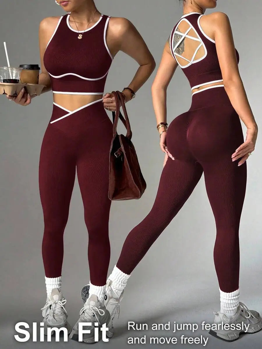 Contrast Trim Hollow Back Camisole And Leggings 2 Piece Sports Suit Breathable Slim Fitness Yoga Workout Tracksuit For Women Nova Trendz