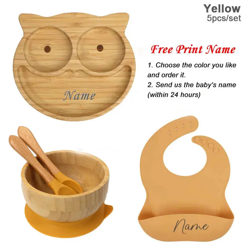 5Pcs Bamboo Bowl Plate For Kid Personalized Name Baby Feeding Set Bamboo Tableware Owl Plate Bowl With Spoon Silicone Baby Stuff Nova Trendz
