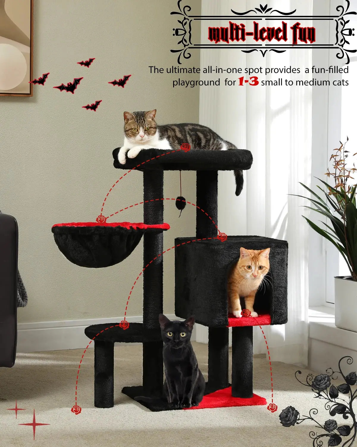 Cat Tree Cute Cat Tower with Padded Top Perch Comfy Hammock Private Condo Fully Scratching Post and Dangling Bell Ball Nova Trendz