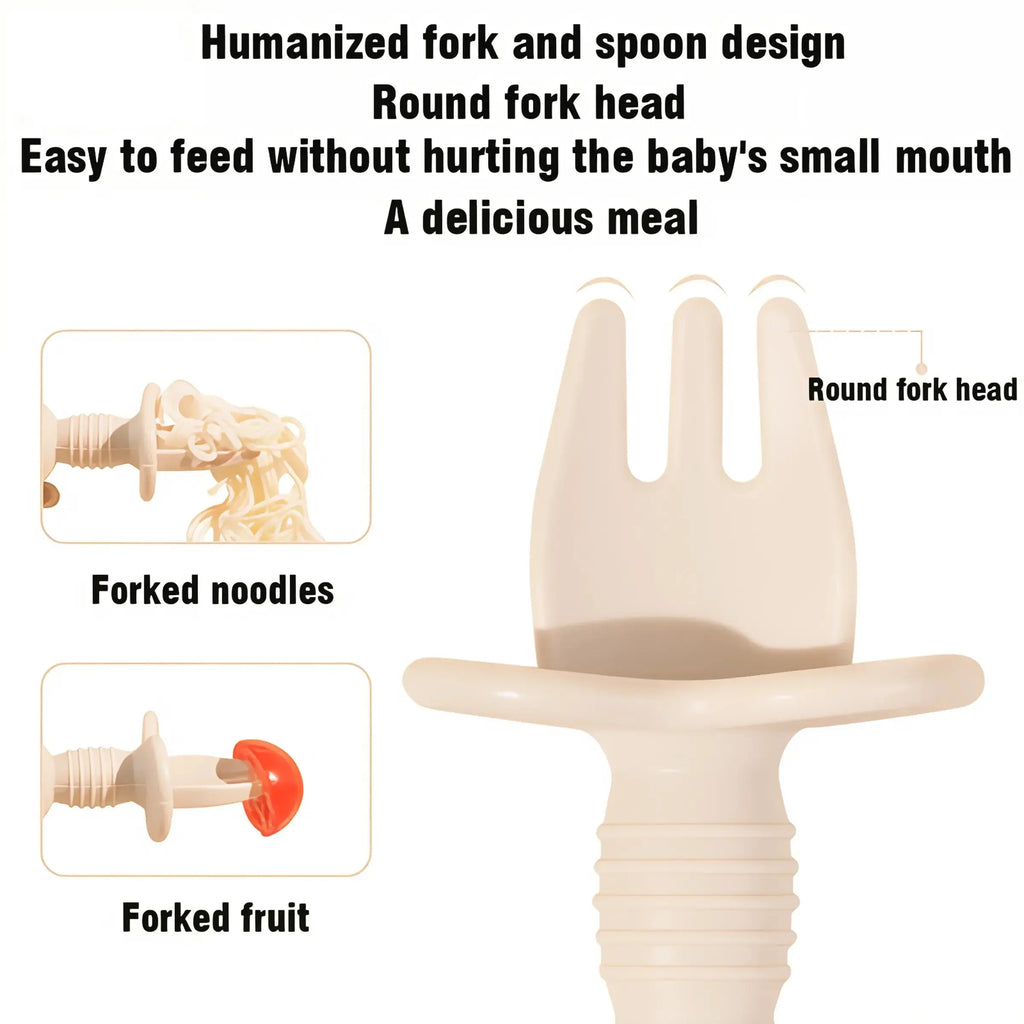 2pcs Food Grade Children Wooden Handle Silicone Spoon Fork Cutlery Baby Training Complementary Food Spoon BabyFeeding Spoon Fork Nova Trendz