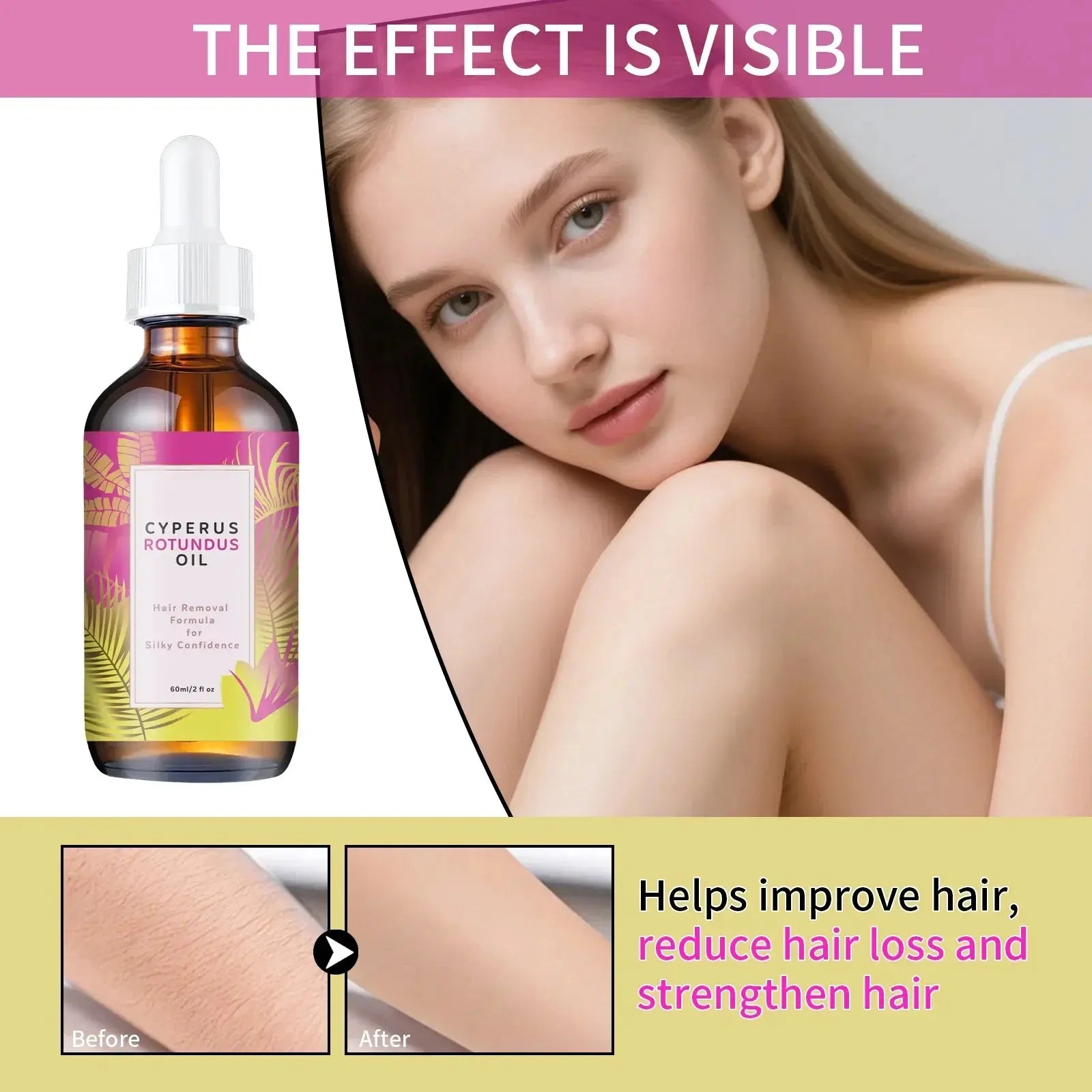 Hair Removal Oil 60ml - Natural Hair Growth Inhibitor with Jojoba & Almond Oil, Gentle Formula for Smooth Skin, All Skin Types Nova Trendz