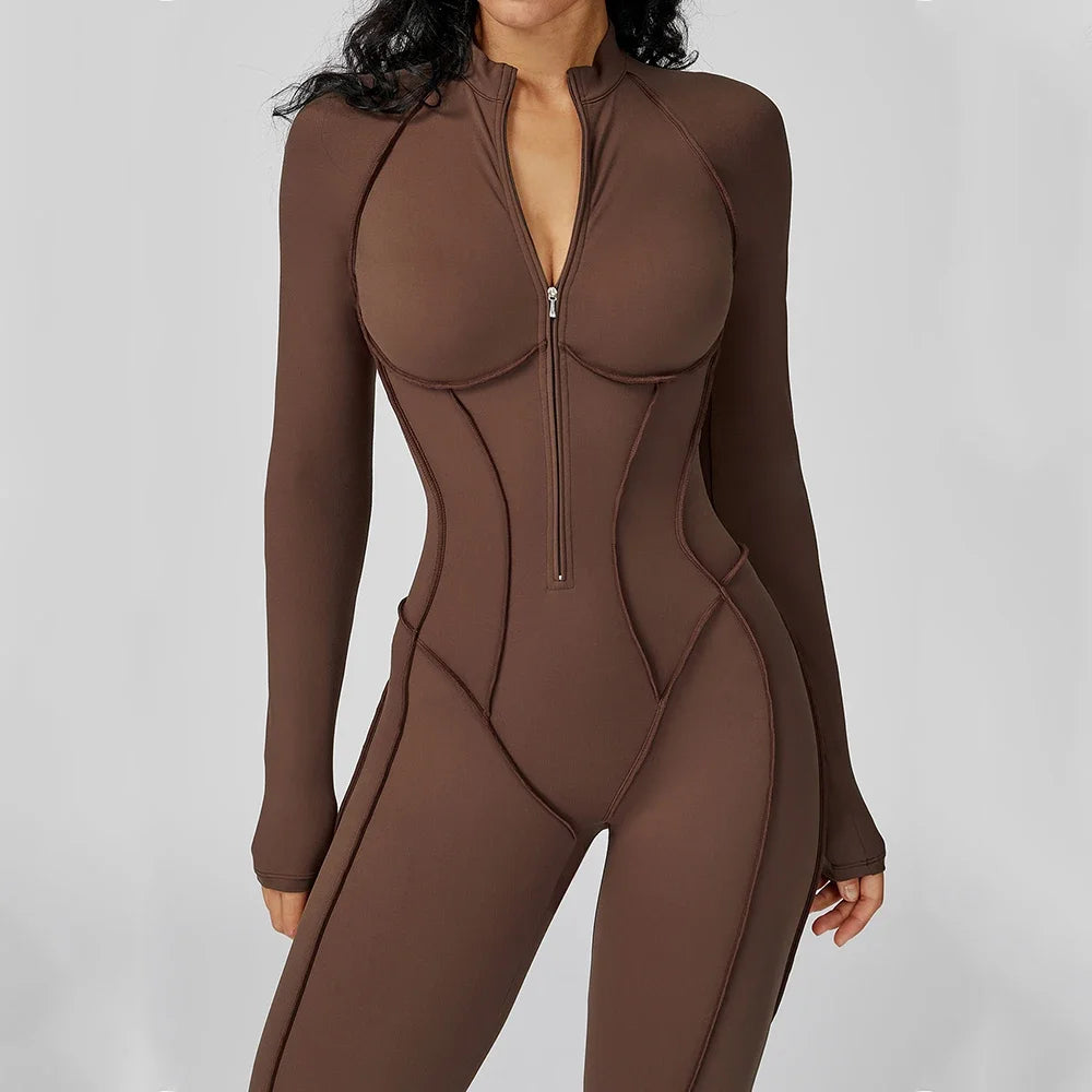 Yoga Bodysuit Long Sleeved Women's Tracksuits Gym Zipper Jumpsuits Sports Workout High-intensity Fitness One-piece Tights Suit Nova Trendz
