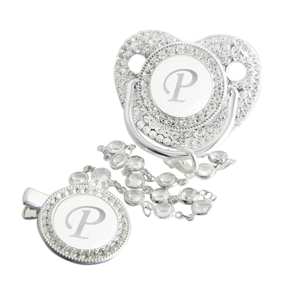Initial Letter Siliver Baby Pacifier With Colorful Gem BPA Free Luxury Silver Dummy Soother Chupeta Weaning Pacifier