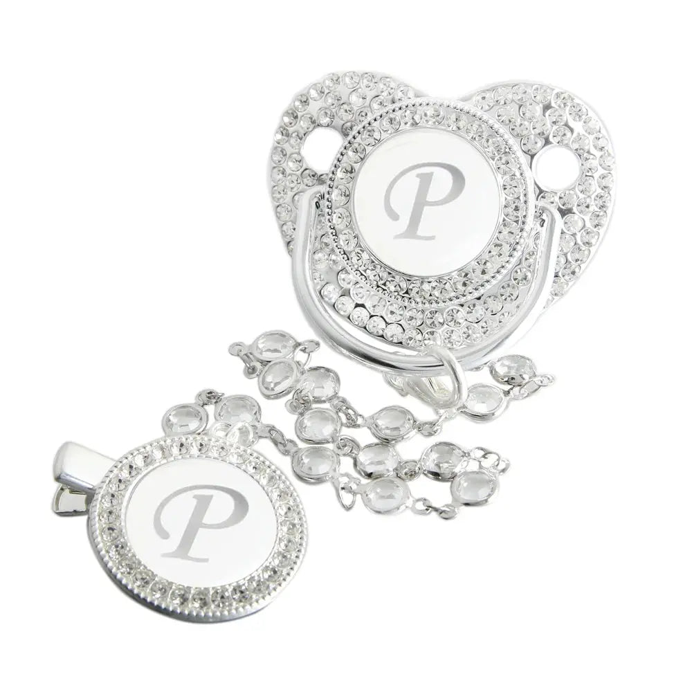 Initial Letter Siliver Baby Pacifier With Colorful Gem BPA Free Luxury Silver Dummy Soother Chupeta Weaning Pacifier Nova Trendz