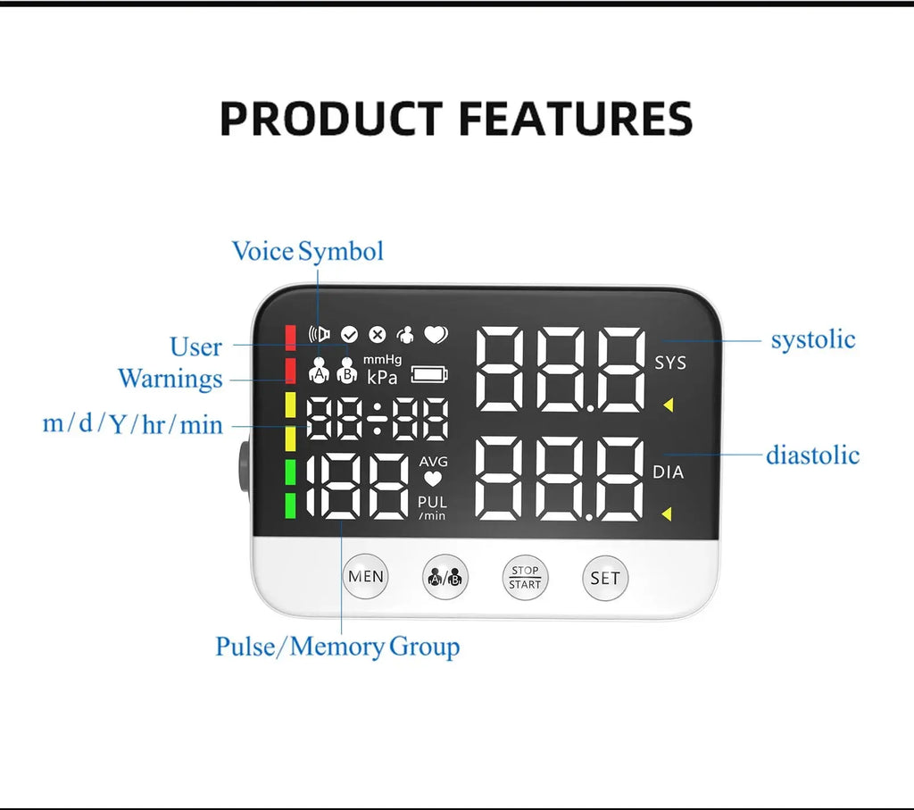 Blood Pressure Monitor Arm Cuff Tensiometer Tonometer Digital Voice Sphygmomanometer Electronic Medical BP Monitors Rechargeable Nova Trendz