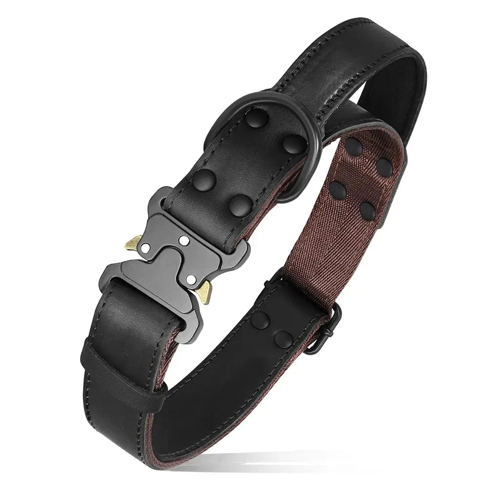 Real Leather Dog Collar With Handle Tactical Military Dog Leather Collar For Medium Large Dogs German Shepherd Training Hunting - Nova Trendz