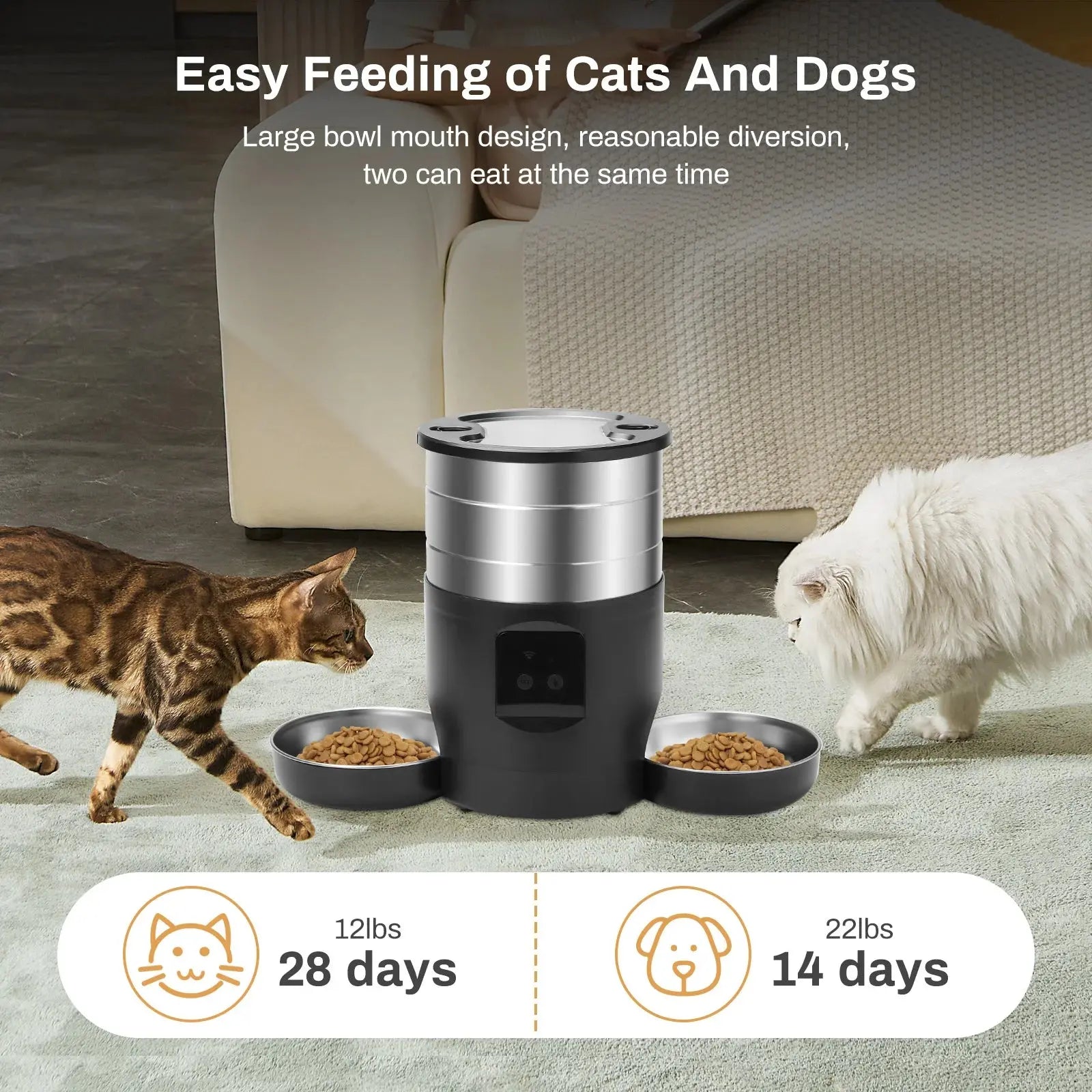 4.5L Button WiFi Automatic Cat Feeder Includes Two Stainless Steel Bowls Smart Pet Cat and Dogs Food Dispenser Feeder Pet Feeder - Nova Trendz