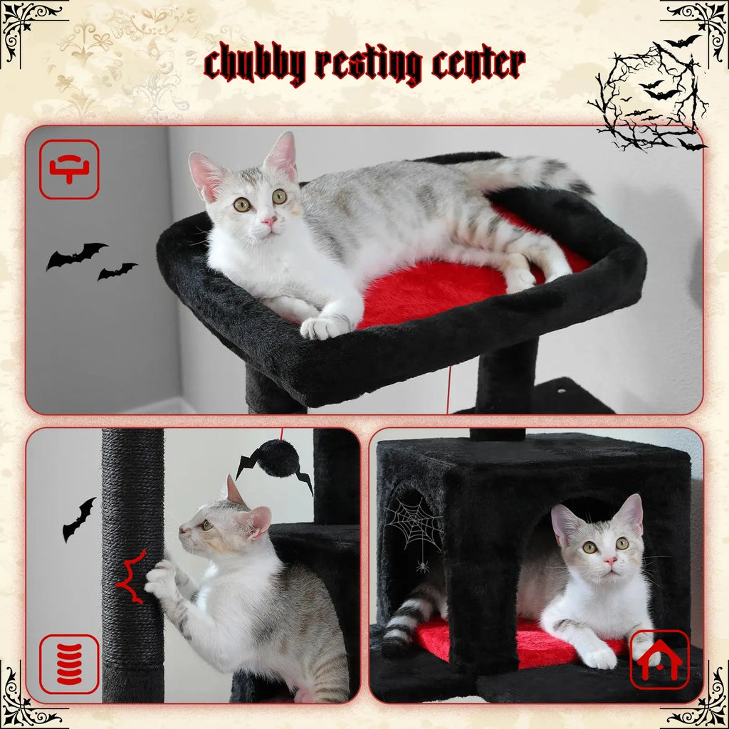 Gothic Cat Tree for Indoor Cats, Tall Cat Tower with Super Large Hammock, Sisal Covered Scratching Post Cozy Condo Top Perch - Nova Trendz