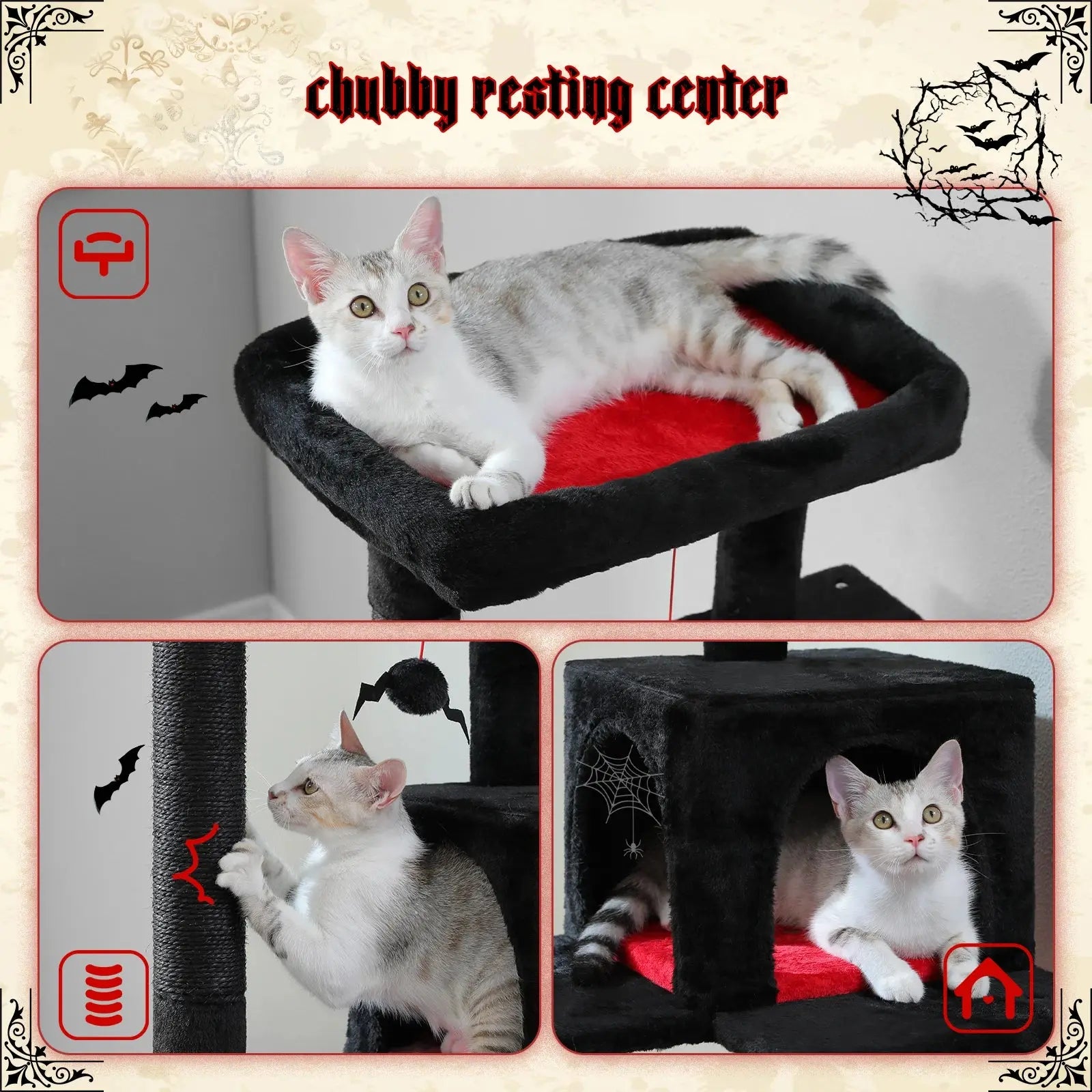 Gothic Cat Tree for Indoor Cats, Tall Cat Tower with Super Large Hammock, Sisal Covered Scratching Post Cozy Condo Top Perch - Nova Trendz