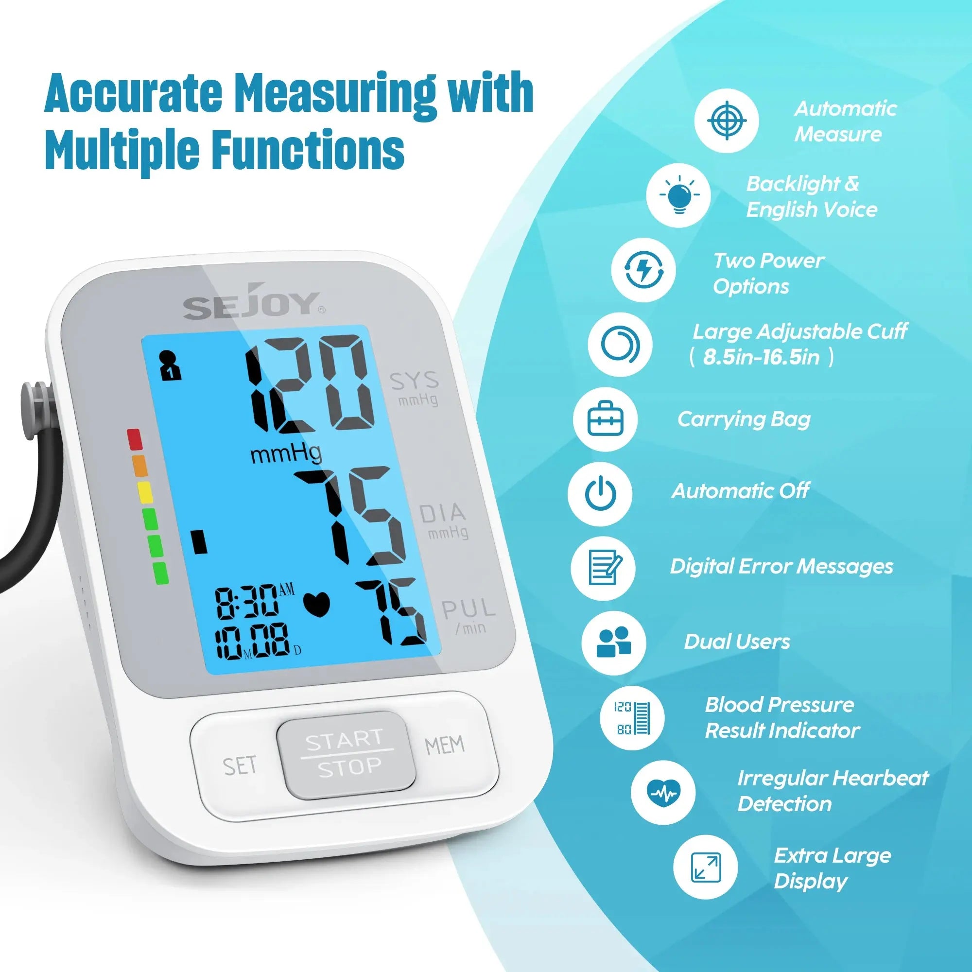 SEJOY Upper Arm Automatic Sphygmomanometer English Voice Backlight Blood Pressure Monitor  High Accurate BP Monitors Nova Trendz