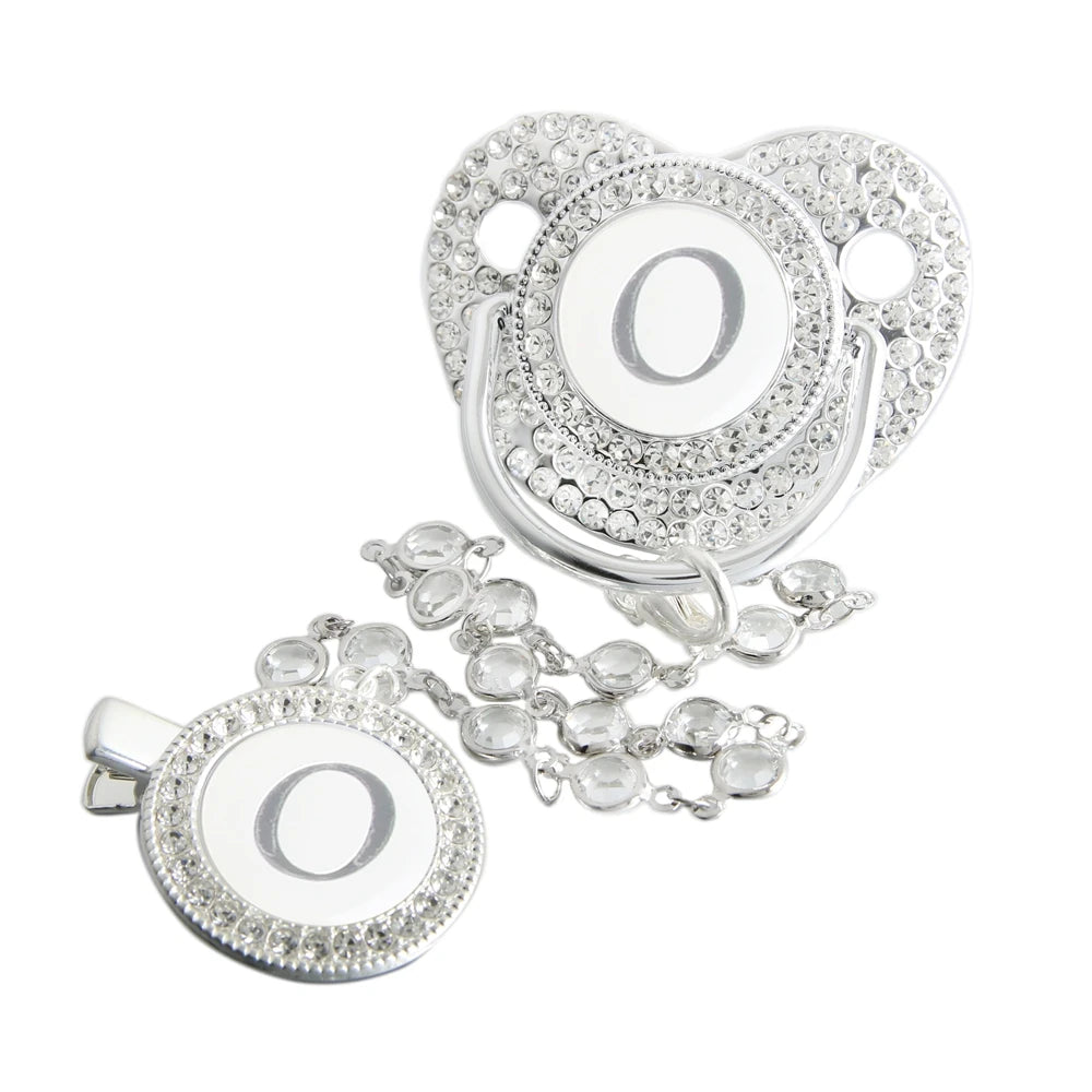 Initial Letter Siliver Baby Pacifier With Colorful Gem BPA Free Luxury Silver Dummy Soother Chupeta Weaning Pacifier
