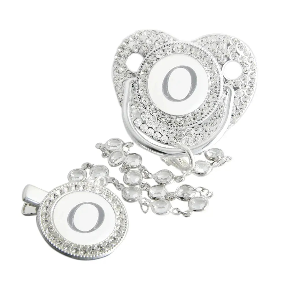 Initial Letter Siliver Baby Pacifier With Colorful Gem BPA Free Luxury Silver Dummy Soother Chupeta Weaning Pacifier Nova Trendz