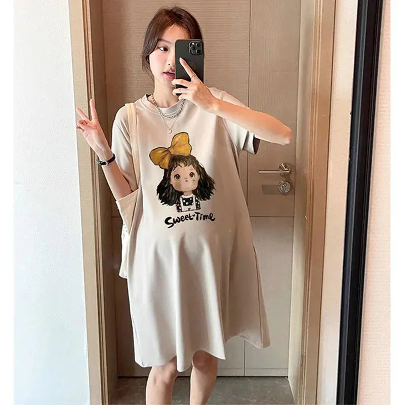Maternity Summer Dress New Maternity Dress Fashionable Casual Sweet Age Reduction Loose Large Size Small T-Shirt Skirt Nova Trendz