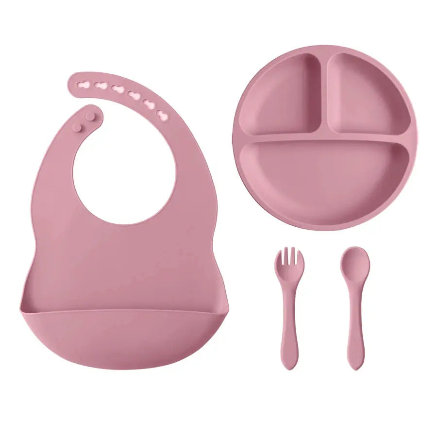 4PCS Baby Silicone Tableware Sets Contrasting Colors Dining Sets Suction Plate Waterproof Bib Portable Baby Spoon Fork Nova Trendz