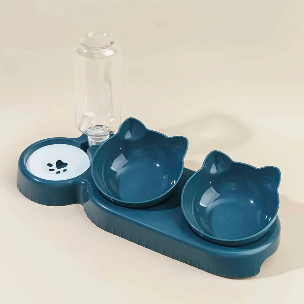 Pet Bowls With Water Feeder, 3 In 1 Ear Design Tilted Cat Water And Food Bowl Set With Gravity Water Bottle For Neck Protection - Nova Trendz
