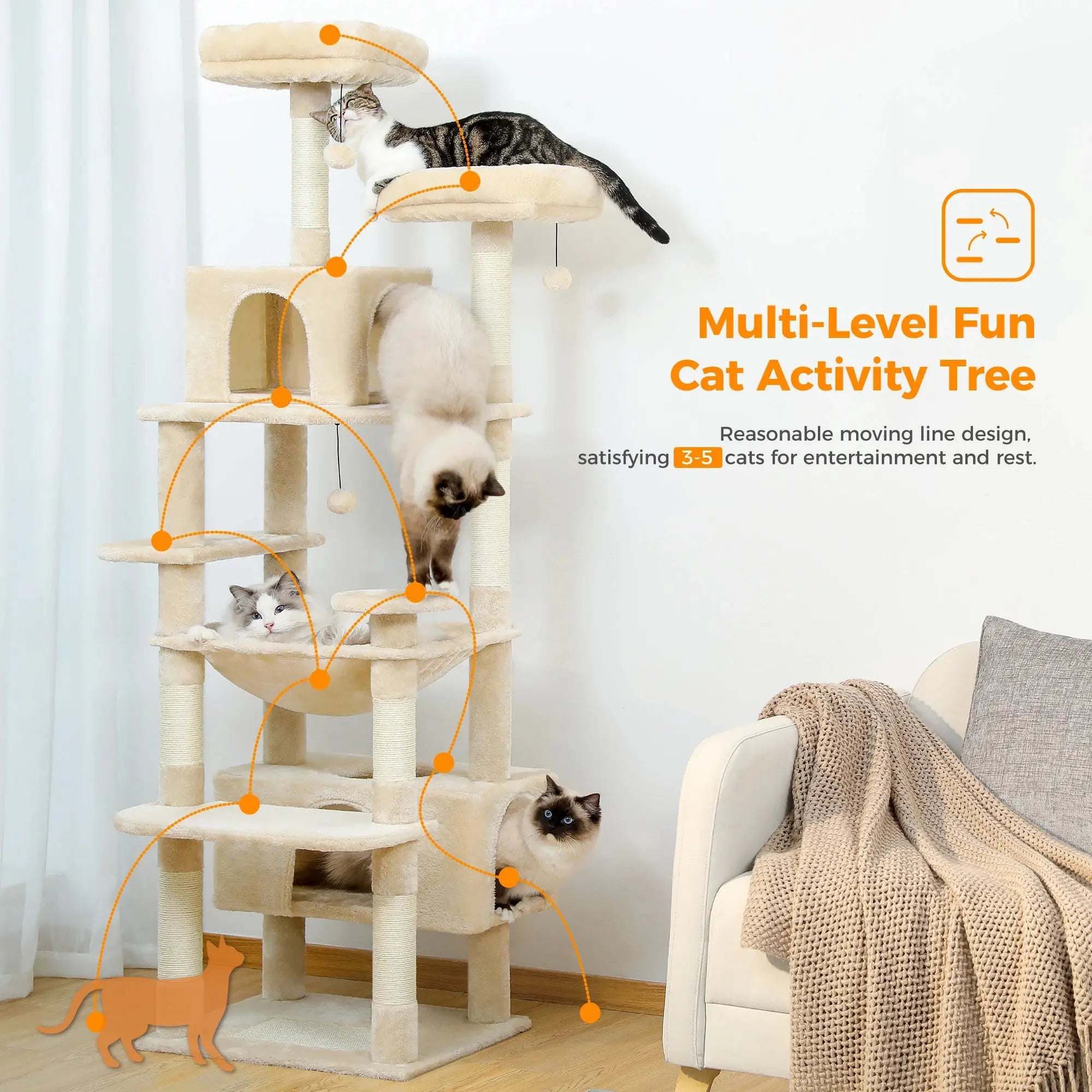 184cm Large Cat Tree and Tower for Indoor Cats With Sisal-Covered Scratching Posts Spacious Hammock Padded Perches and Condos Nova Trendz