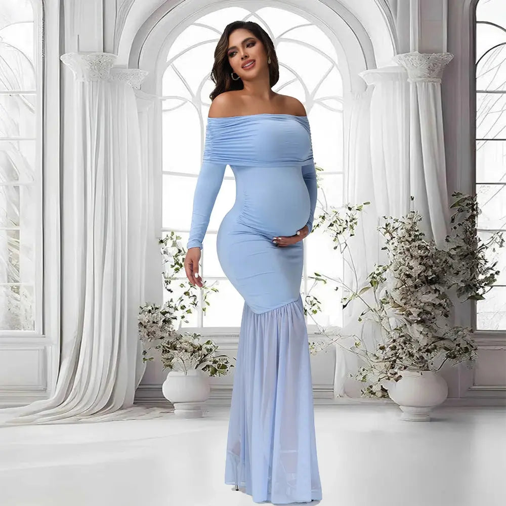 Maternity Dresses Photoshoot Off-Shoulder Slits Fishtail Hem Baby Shower Clothes For Pregnant Woman Evening Party Elegant Gown Nova Trendz
