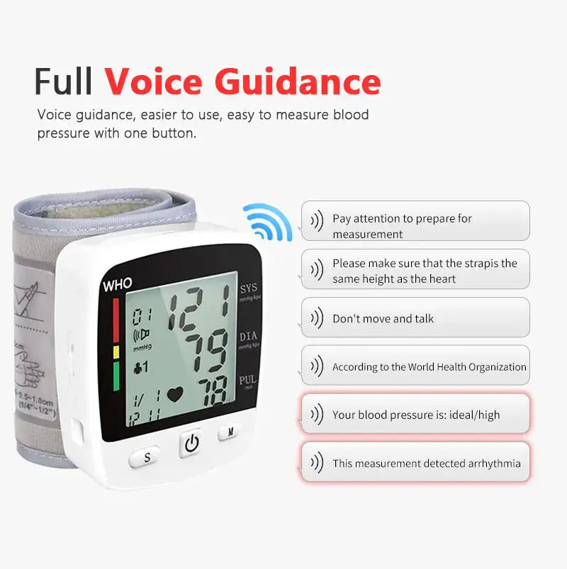 Digital Blood Pressure Monitor Wrist Tensiometer Electronic Sphygmomanometer  Tonometer with LCD, 2 X 90 Memory Rechargeable Nova Trendz