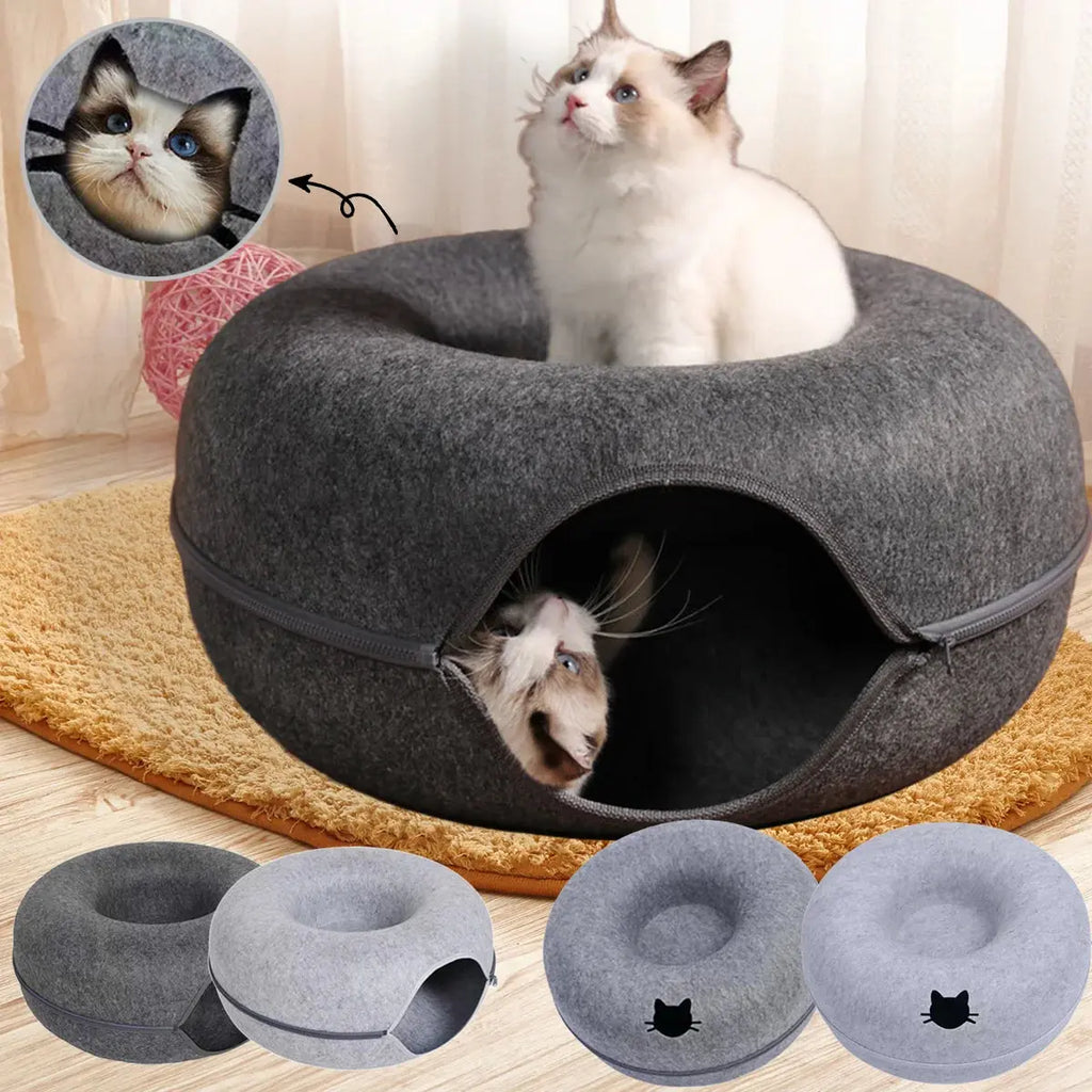 Felt Donut Bed for Cats House With Breather Hole Dog Bed Interactive Play Toys for Cats to Hide 2 in 1 Tunnel for Cats Bed - Nova Trendz