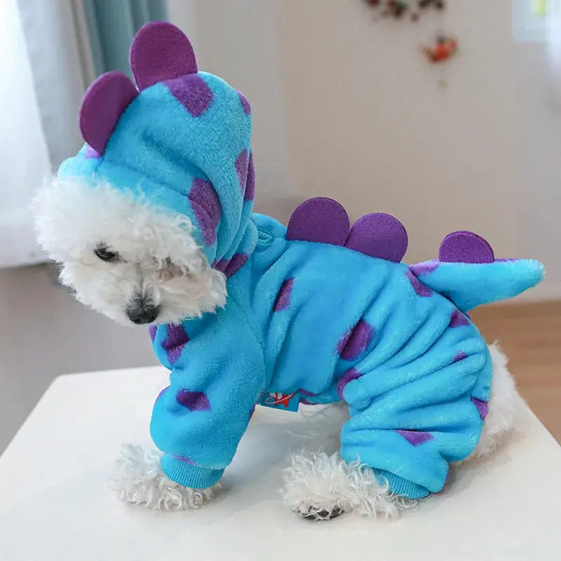 Cosplay Dinosaur Dog Halloween Costume for Small Dogs Dress Up Hoodies Thermal Velvet Padded Dog Pajamas Winter Puppy Jumpsuit - Nova Trendz