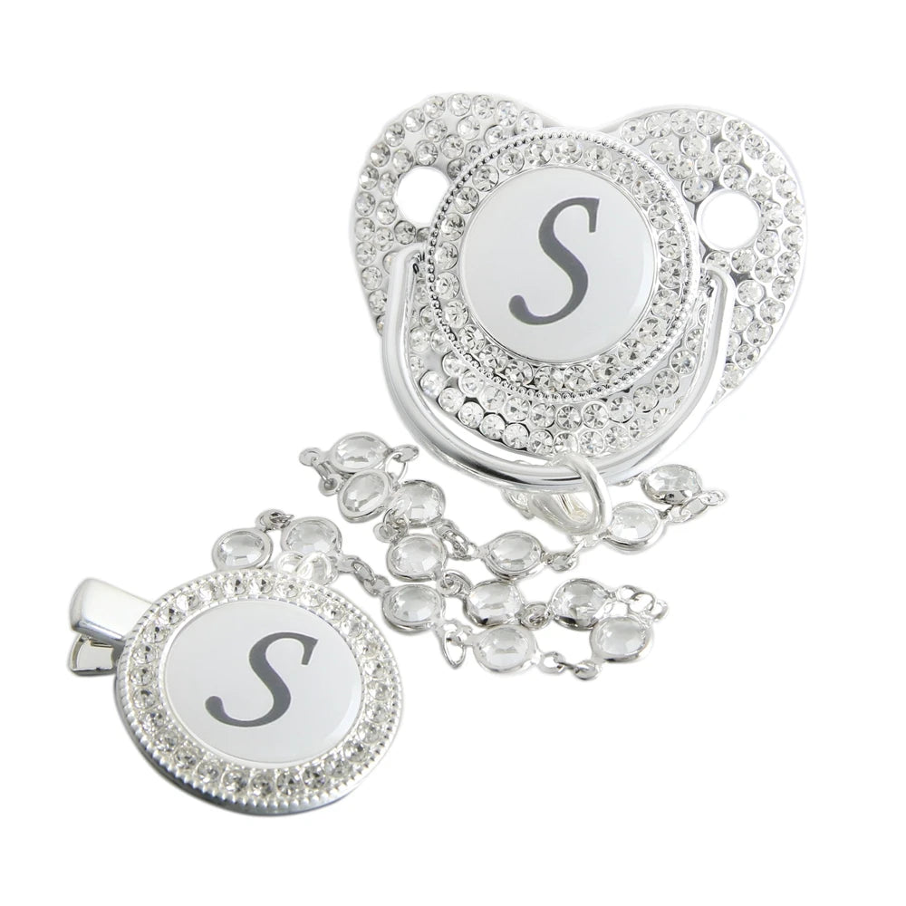 Initial Letter Siliver Baby Pacifier With Colorful Gem BPA Free Luxury Silver Dummy Soother Chupeta Weaning Pacifier