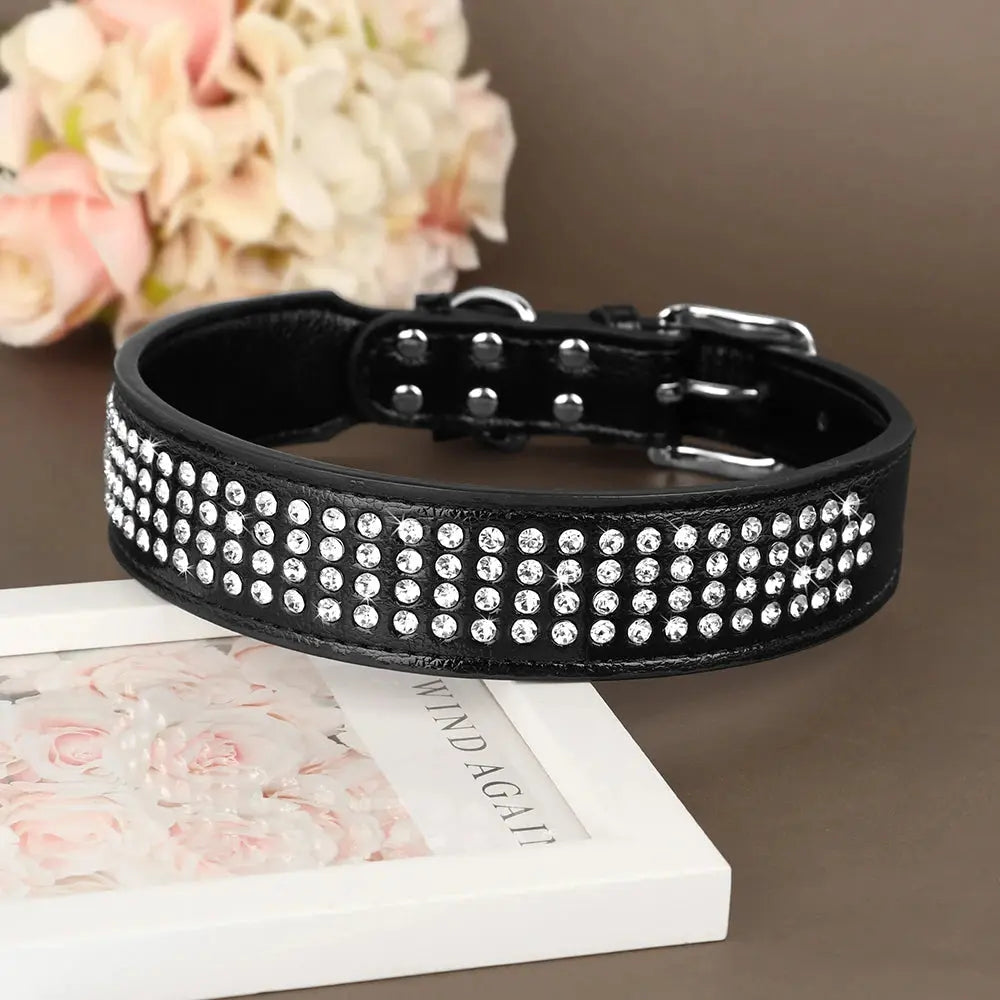 Bling Rhinestone Dog Collar Wide Leather Dogs Collars Glitter Diamond Pet Necklace Durable For Medium Large Dogs French Bulldog Nova Trendz