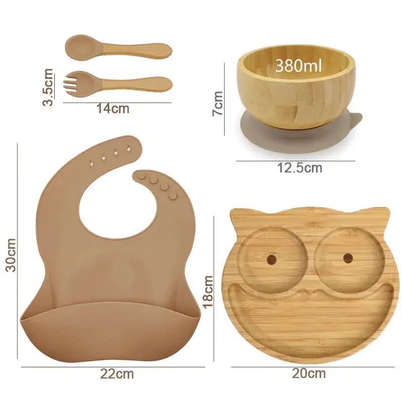 5Pcs Bamboo Bowl Plate For Kid Personalized Name Baby Feeding Set Bamboo Tableware Owl Plate Bowl With Spoon Silicone Baby Stuff Nova Trendz