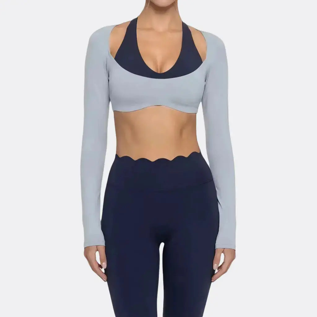 Women's Fake Two-Piece Sports Long Sleeve Halter Neck Pilates Yoga Shirt Slim Fit Fitness Sports Top Leggings Workout Tights - Nova Trendz