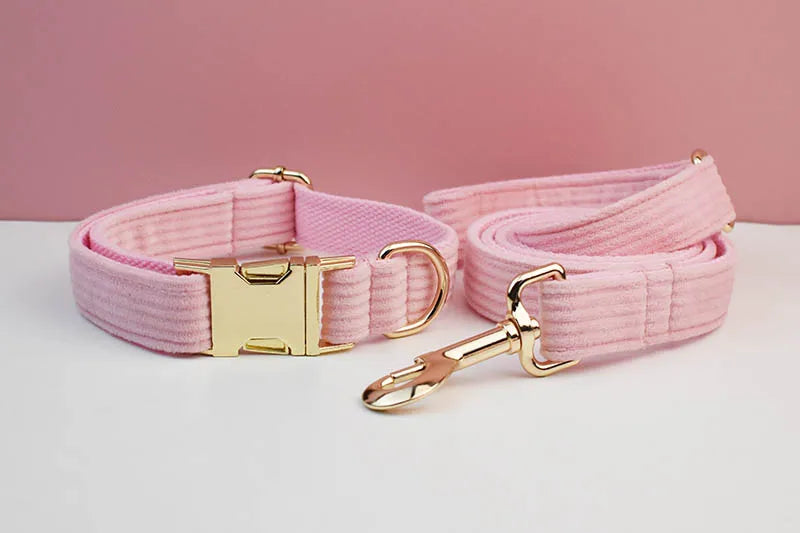 Pink Corduroy Dog Collar And Leash Set For Dogs Custom Engraved Nameplate Pet Supplies Dog Leash Corduroy07