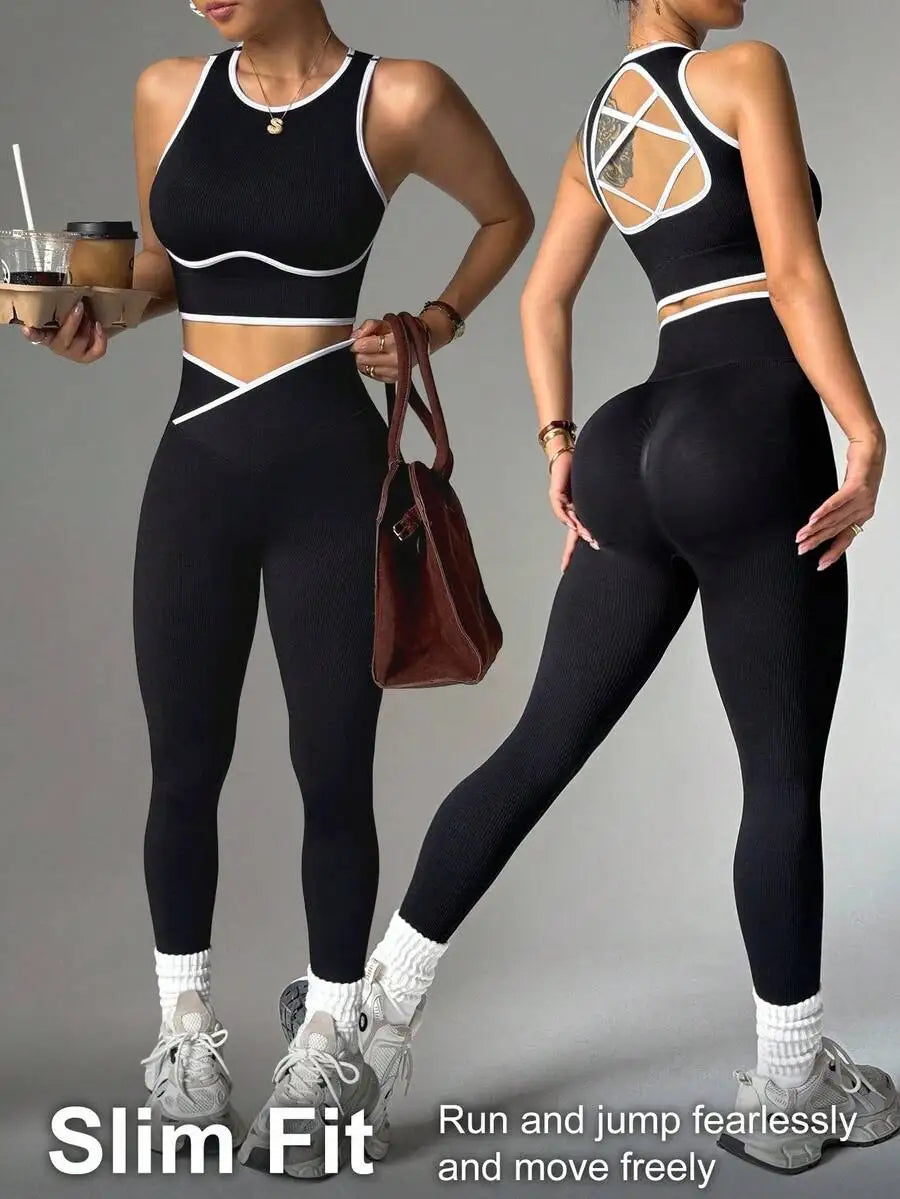 Contrast Trim Hollow Back Camisole And Leggings 2 Piece Sports Suit Breathable Slim Fitness Yoga Workout Tracksuit For Women Nova Trendz