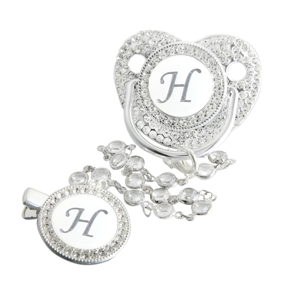 Initial Letter Siliver Baby Pacifier With Colorful Gem BPA Free Luxury Silver Dummy Soother Chupeta Weaning Pacifier
