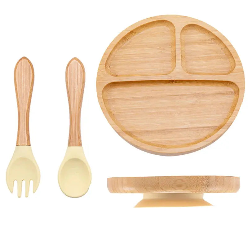 3Pcs Baby Bamboo Plate Silicone Suction Kids Wooden Feeding Tableware Non-slip Dinnerware Baby Tableware for Baby Birthday Gift Nova Trendz