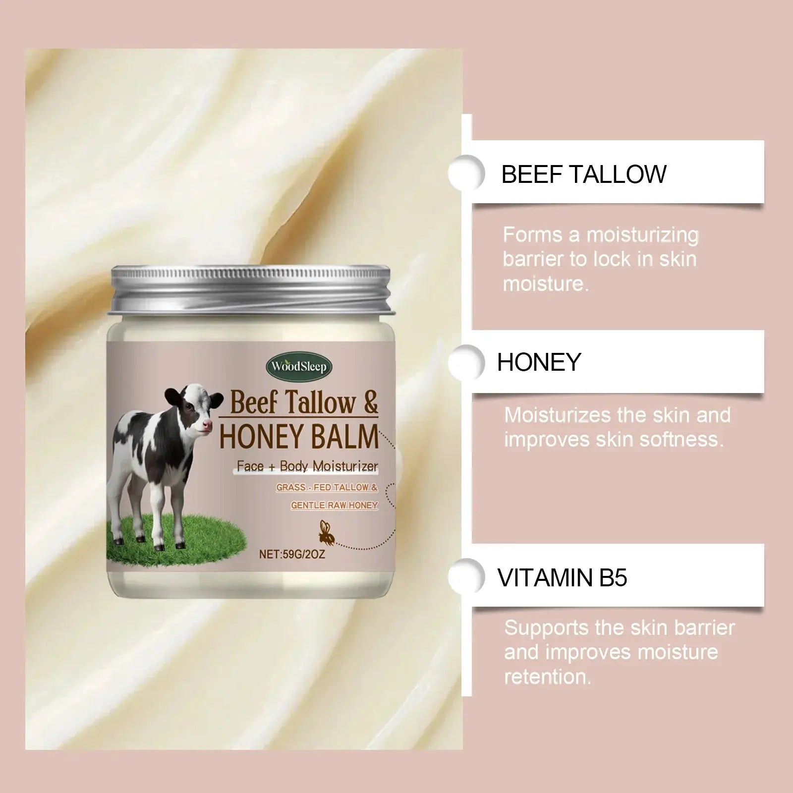 Organic Beef Tallow Honey Moisturizer Grass Fed Beef Tallow Face Cream Soothing Firm Increase Elasticity Whipped Smooth Lotion - Nova Trendz
