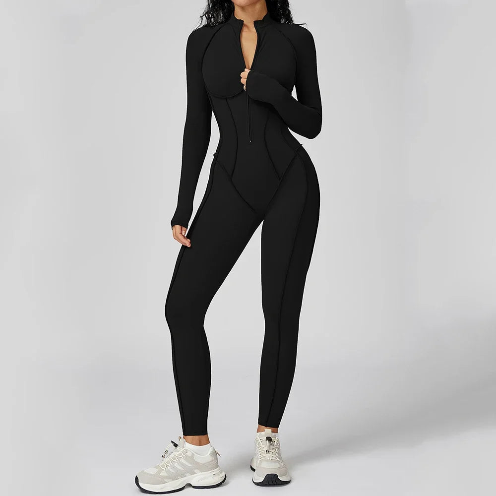 Yoga Bodysuit Long Sleeved Women's Tracksuits Gym Zipper Jumpsuits Sports Workout High-intensity Fitness One-piece Tights Suit Nova Trendz