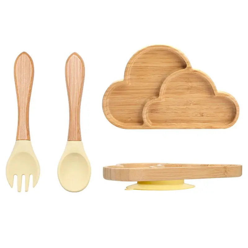 3Pcs Baby Bamboo Plate Silicone Suction Kids Wooden Feeding Tableware Non-slip Dinnerware Baby Tableware for Baby Birthday Gift Nova Trendz