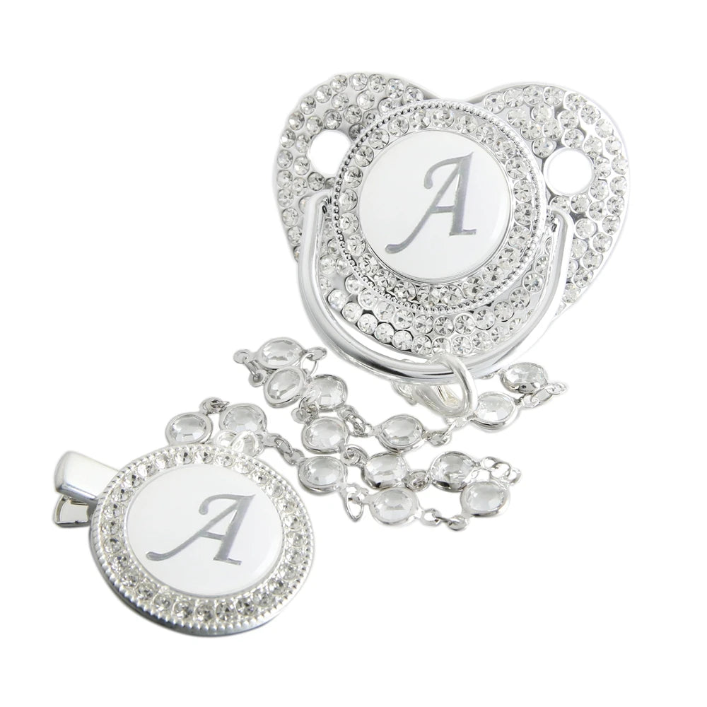 Initial Letter Siliver Baby Pacifier With Colorful Gem BPA Free Luxury Silver Dummy Soother Chupeta Weaning Pacifier