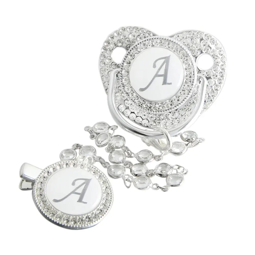 Initial Letter Siliver Baby Pacifier With Colorful Gem BPA Free Luxury Silver Dummy Soother Chupeta Weaning Pacifier Nova Trendz