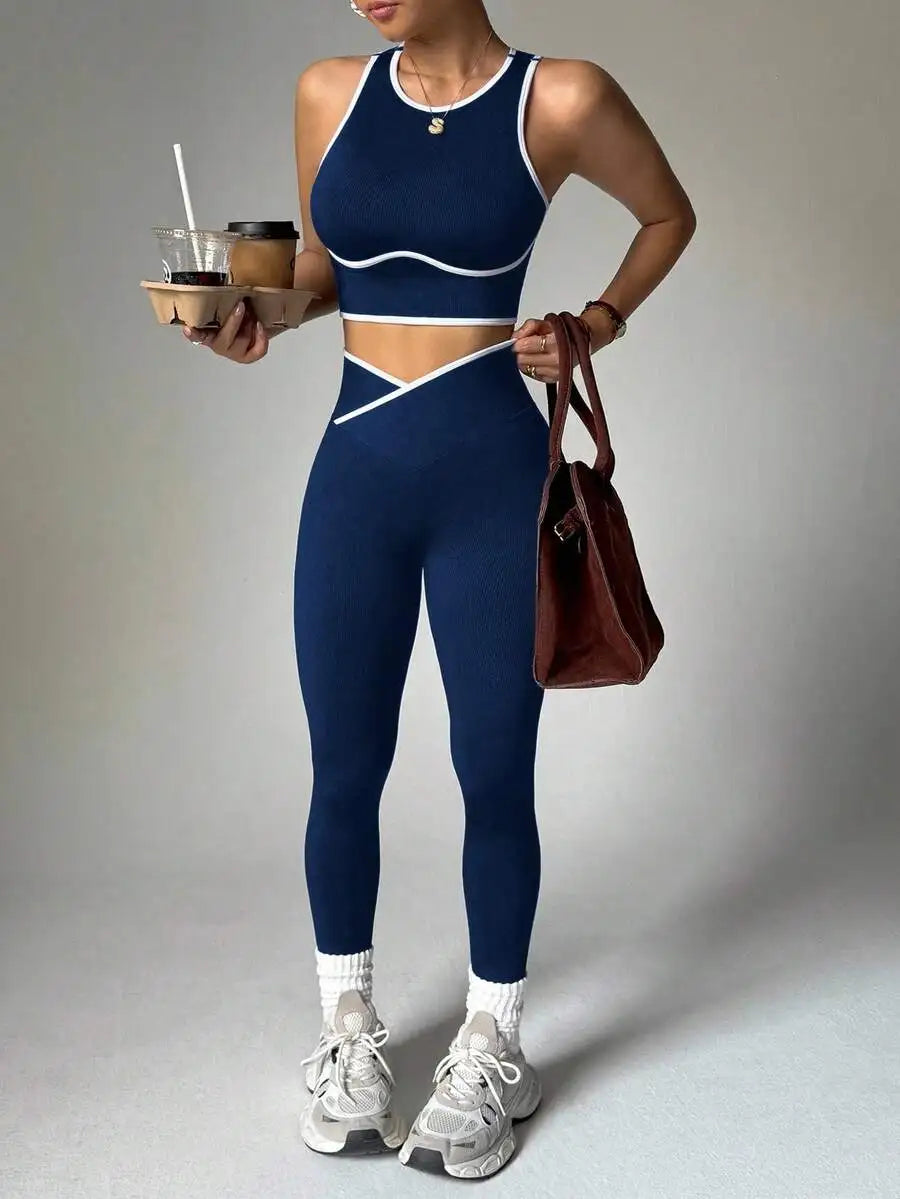 Contrast Trim Hollow Back Camisole And Leggings 2 Piece Sports Suit Breathable Slim Fitness Yoga Workout Tracksuit For Women Nova Trendz