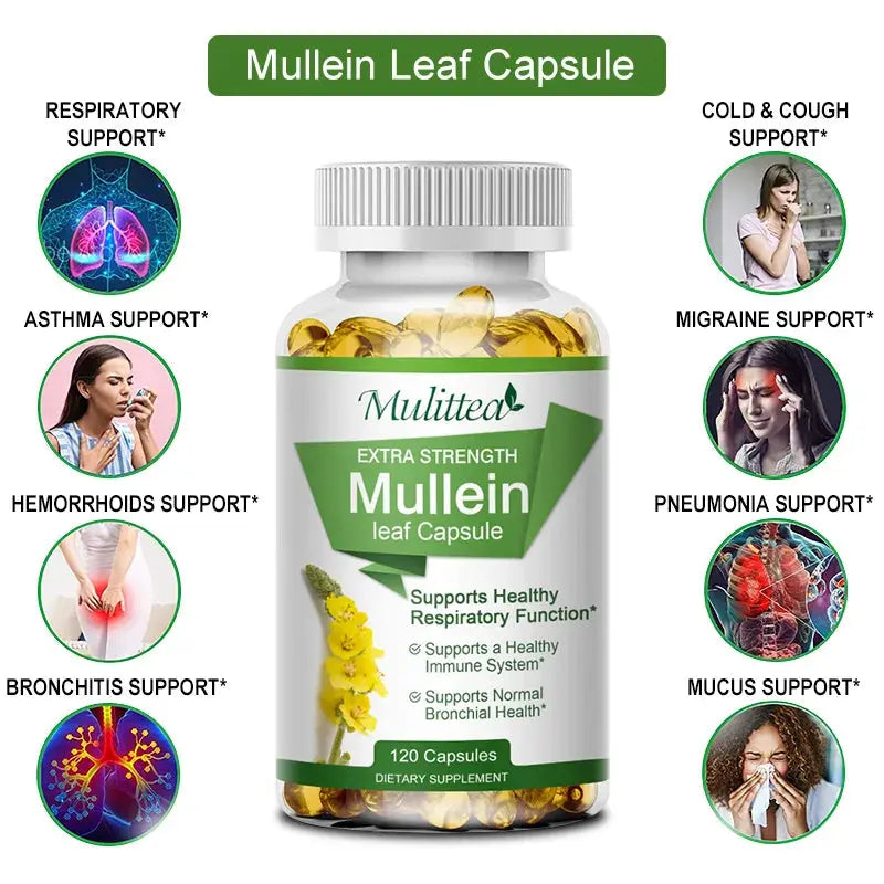 Mulittea Natural Mullein Leaf Capsules Herbal Supplement for Lung Cleanse Helps Healthy Respiratory Function & Mucous Membranes Nova Trendz