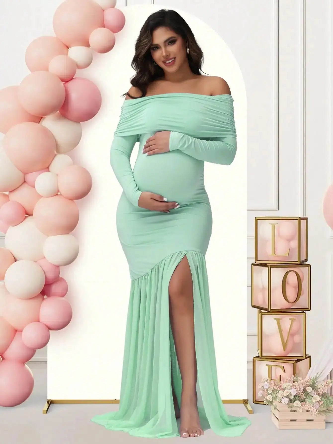 Maternity Dresses Photoshoot Off-Shoulder Slits Fishtail Hem Baby Shower Clothes For Pregnant Woman Evening Party Elegant Gown Nova Trendz