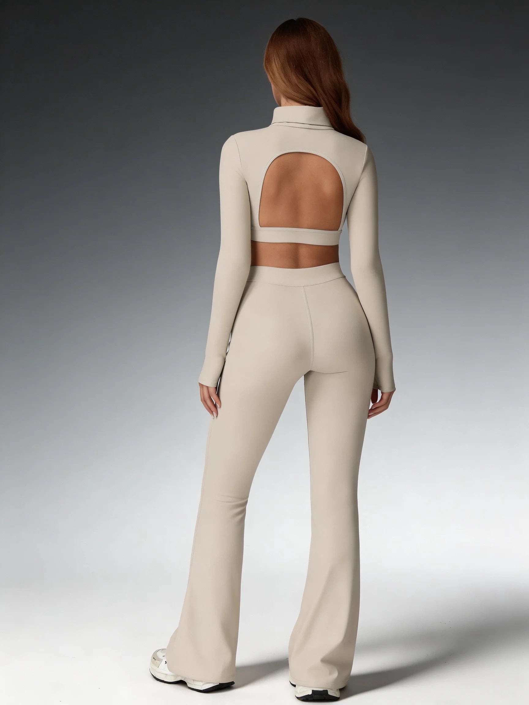 Women's Turtleneck Long Sleeve Yoga Set Back Cutout Flare Pants with Removable Pads Tummy Control Butt Lifting Gym Outfit Nova Trendz