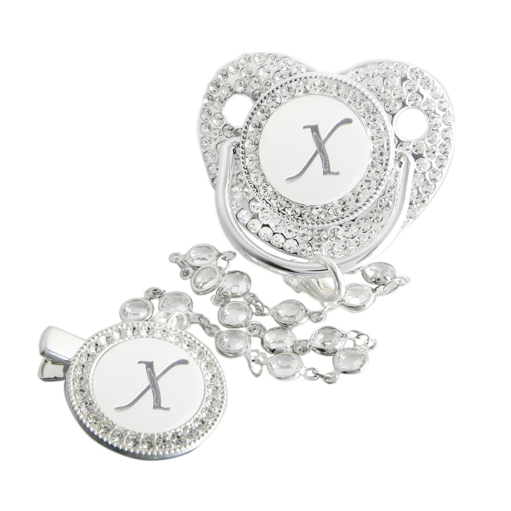 Initial Letter Siliver Baby Pacifier With Colorful Gem BPA Free Luxury Silver Dummy Soother Chupeta Weaning Pacifier