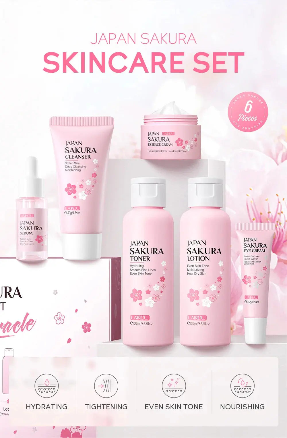 LAIKOU Sakura Skin Care Sets Facial Cleanser Eye Creams Face Cream Serum Lotion Toner Brightening Moisturizing Face Care Kit Nova Trendz